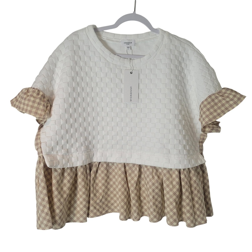 AnnieWear Textured Knit Gingham Ruffle Peplum Top White Tan Large Boho NEW NWT